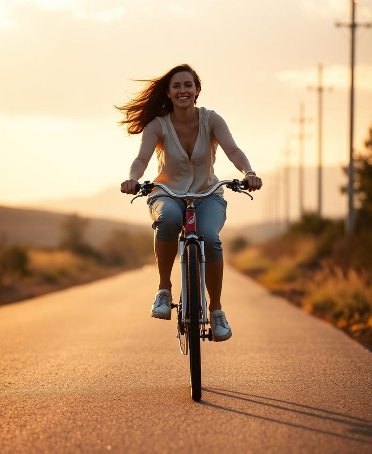 A woman riding a bicycle down an empty road at golden hour