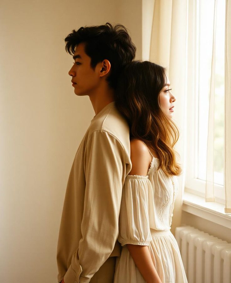 A couple standing back to back beside a bright window