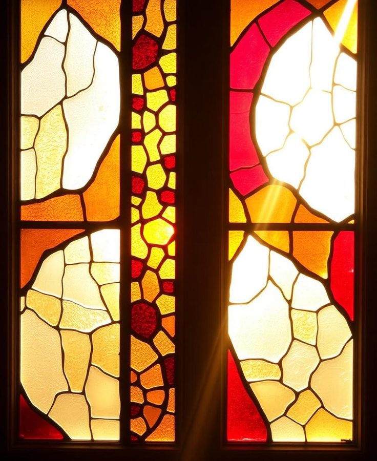 Sunlight through a stained-glass window of amber, red and cream