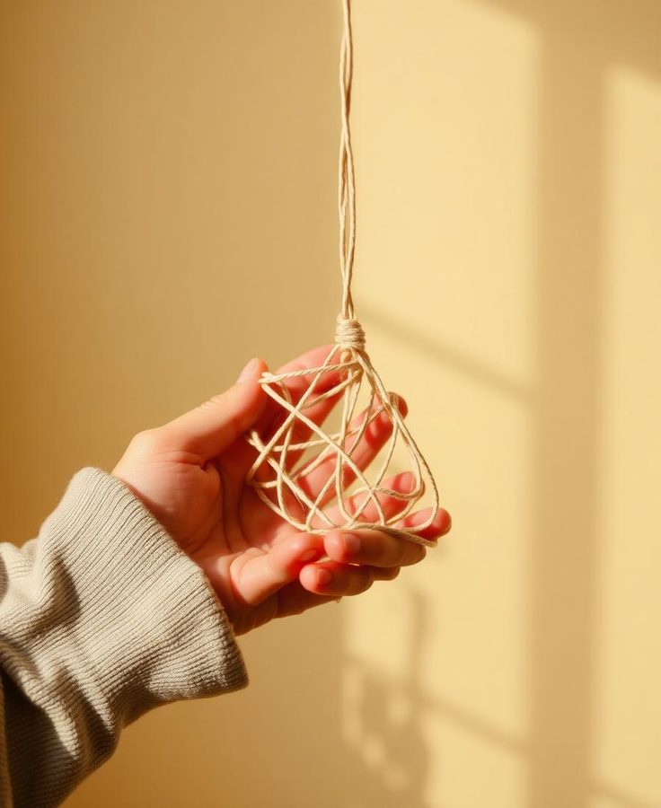 A hand holding a tangle of twine hanging from a single thread